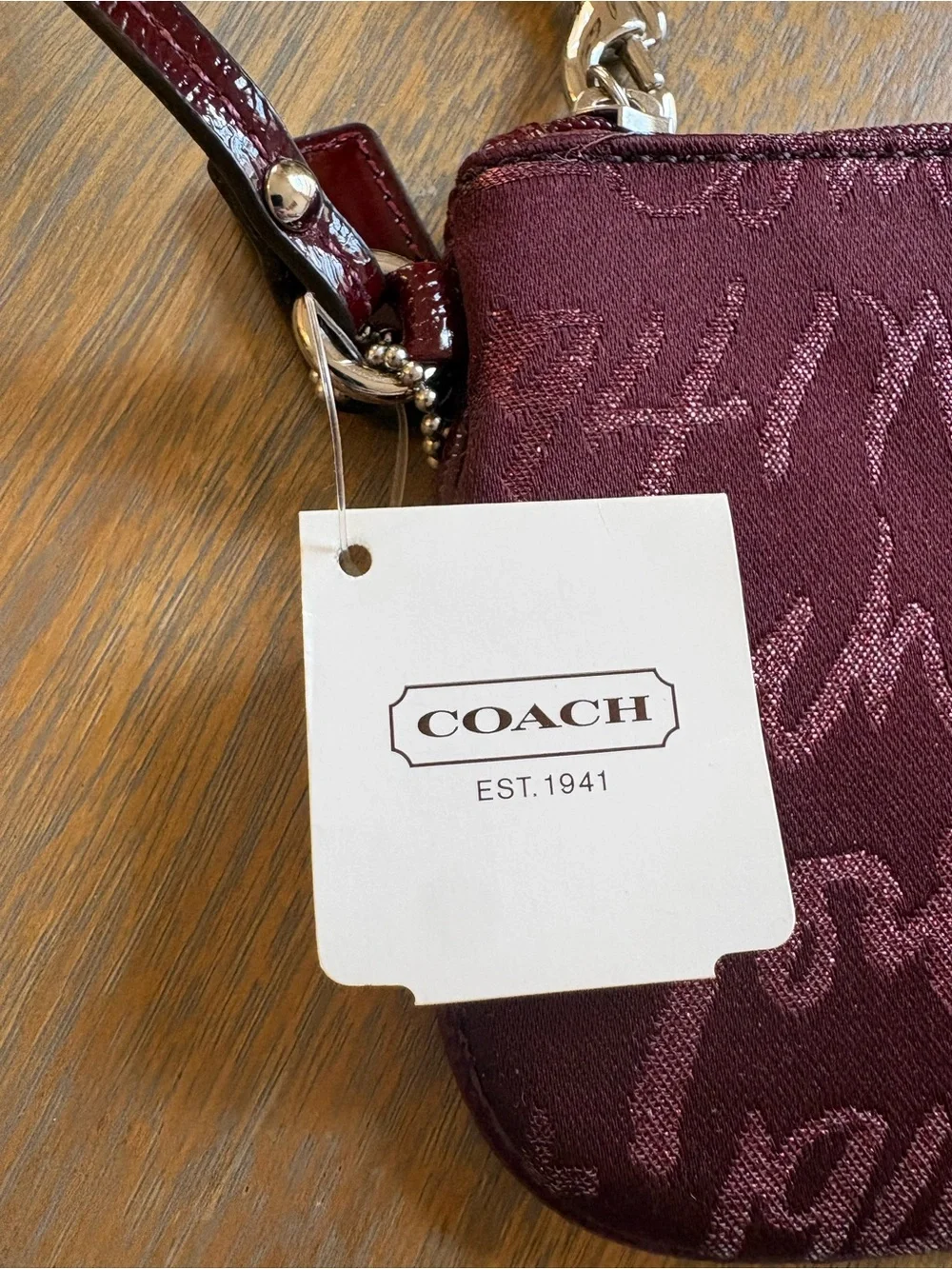 Coach Burgundy Script Heart Wristlet with Patent Heart Accent